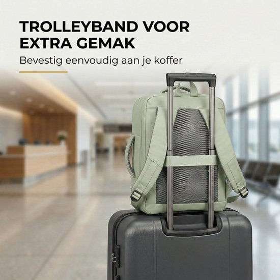 Mintgroene rugzak met trolleyband aan de achterkant om aan bagage te bevestigen.