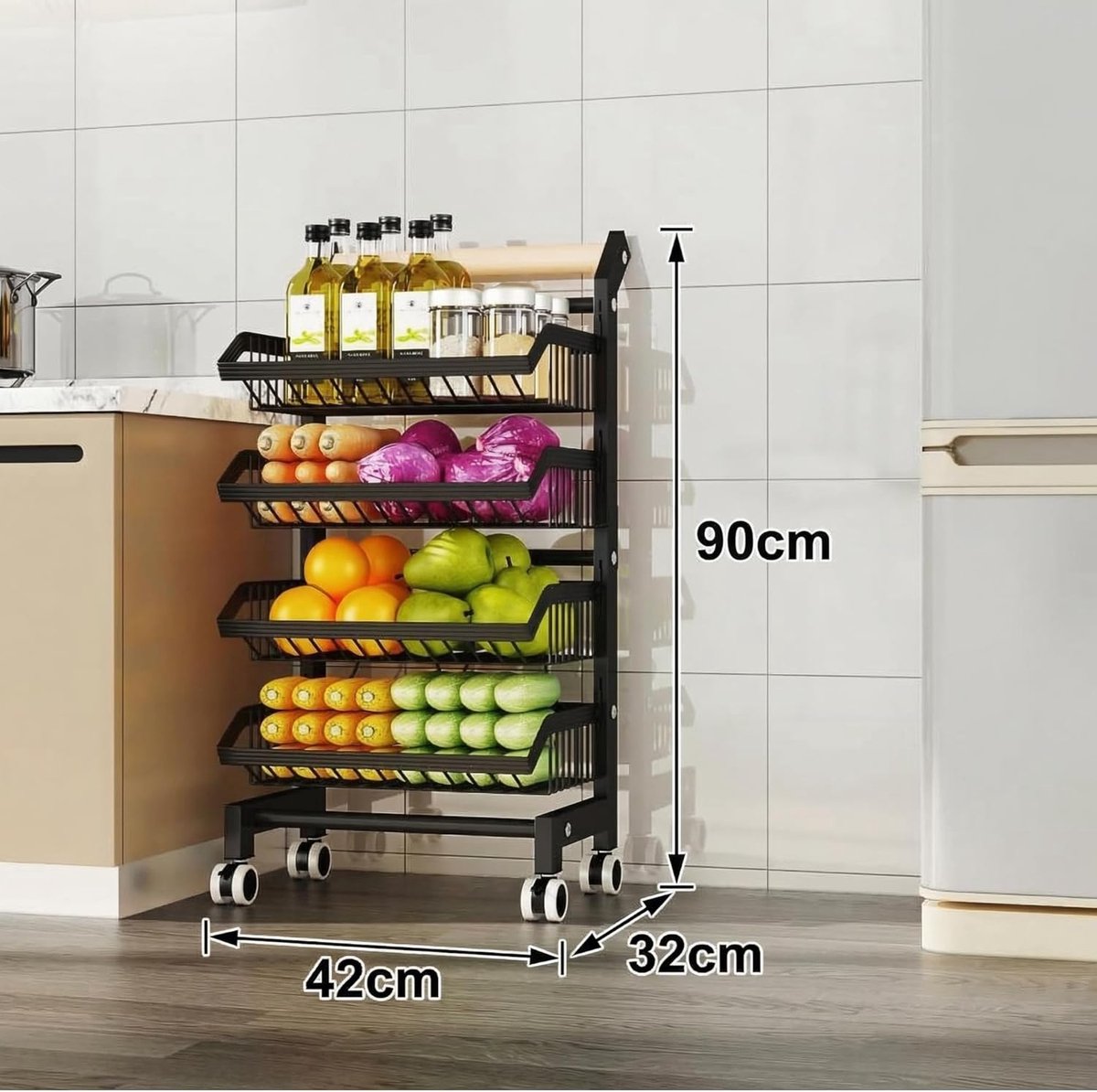 Groentebewaarwagen - Keukenwagen met 4 legplanken en vergrendelbare wielen - Roestvrijstalen wagen met fruitmand - 42 x 32 x 90 cm - Wit