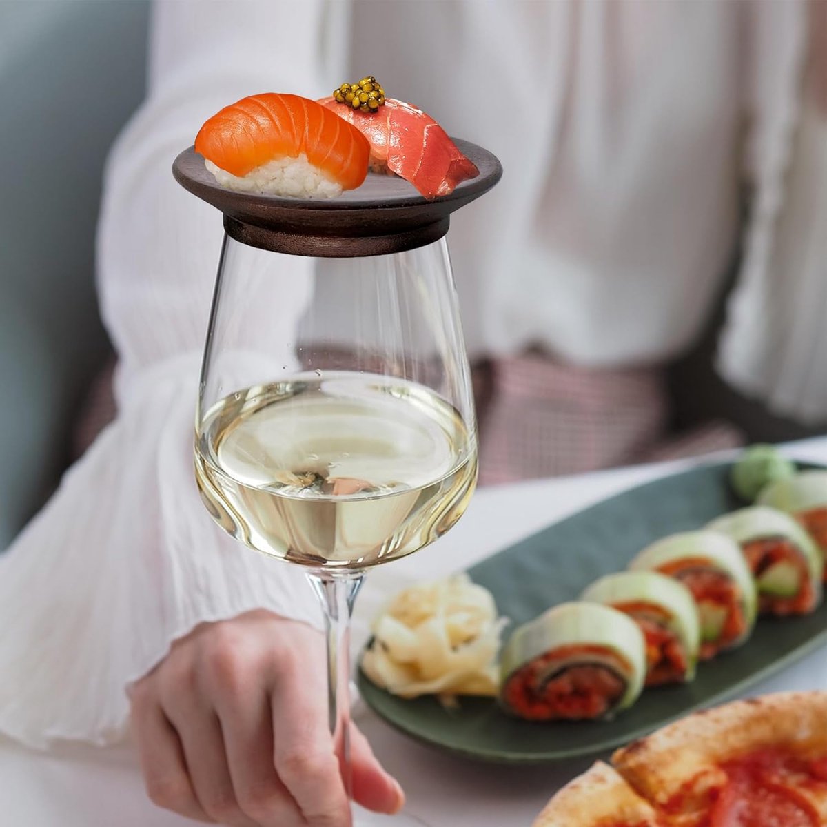 Houten Wijnglas Topper - Charcuterie Dienblad - Insecten Buiten Houden - Met Wijnglas Houder - 8 Stuks - Beige — cadeau in Kookcadeaus - foto 5