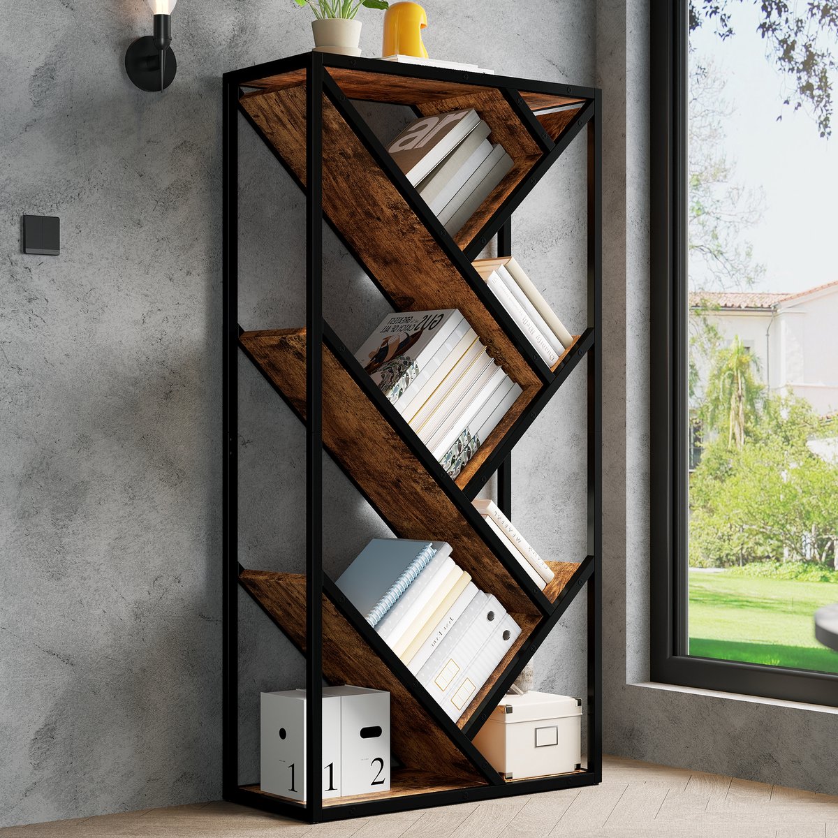 OKWISH Boekenkast Boomdesign – 80 x 35 x 160 cm – MDF en Metaal – Zwart Bruin – Open Opbergrek met Kantelbeveiliging