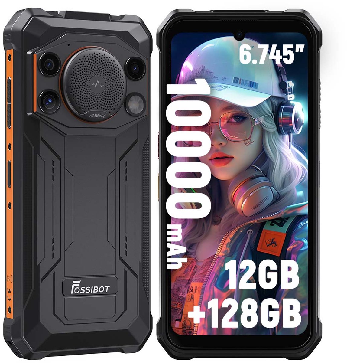 FOSSiBOT F110L Robuuste Smartphone - 12GB RAM - 128GB ROM - 10000 mAh - 6,745 inch HD+ IPS Scherm - IP68 Waterdicht Outdoor Telefoon - Android 15 - GPS,NFC,Face ID,OTG - Oranje