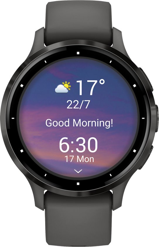 Donkergrijze smartwatch met ronde wijzerplaat. Weer: 17 graden, 22/7. Tekst: Good Morning! Tijd: 6:30, 17 Mon.