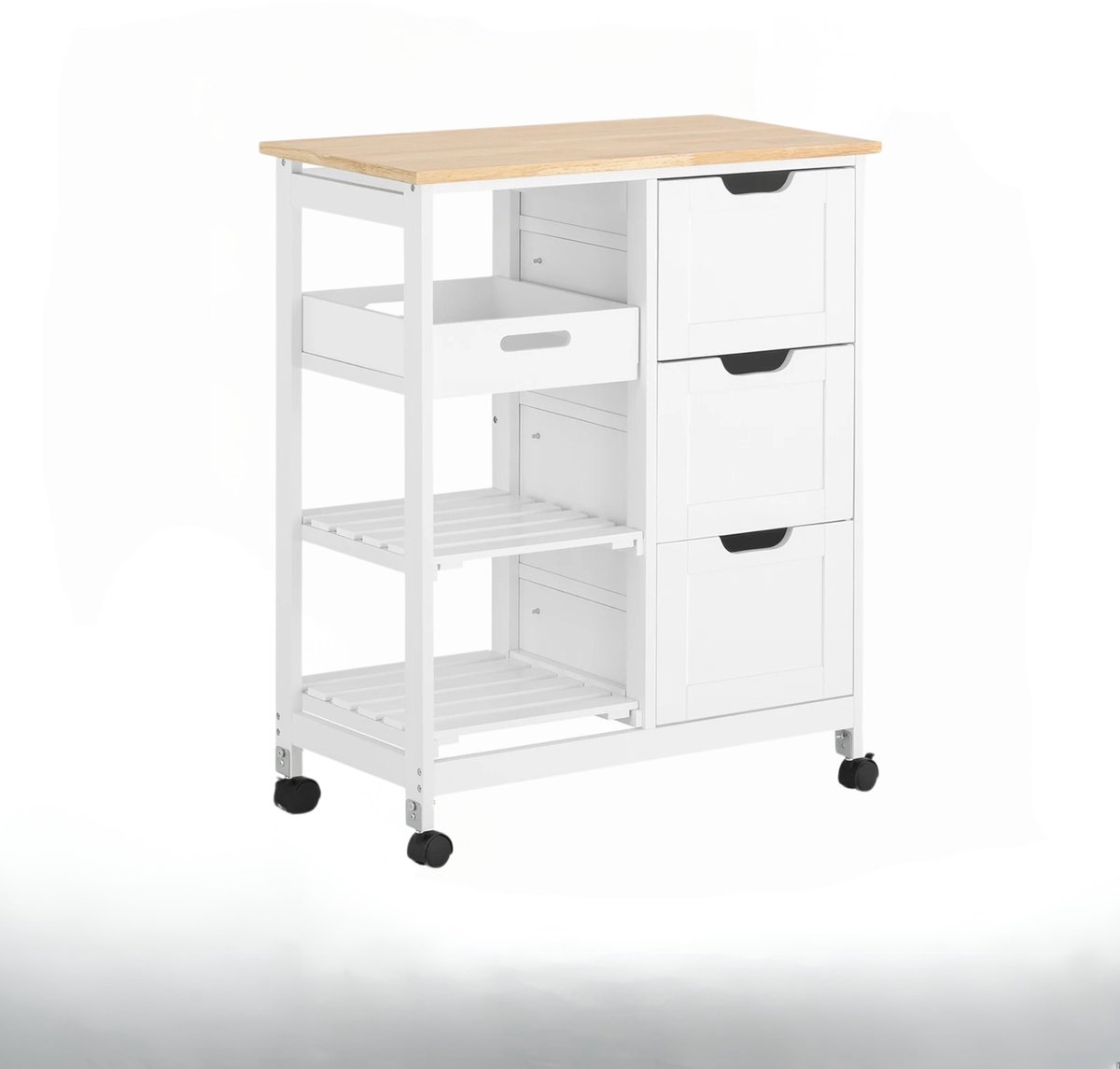 Stervia Keukentrolley - Serveerwagen - Keukenwagen - Inclusief Wieltjes En Rem - 3 Laags - Wit/Lichtbruin - 34 x 64 x 84 cm