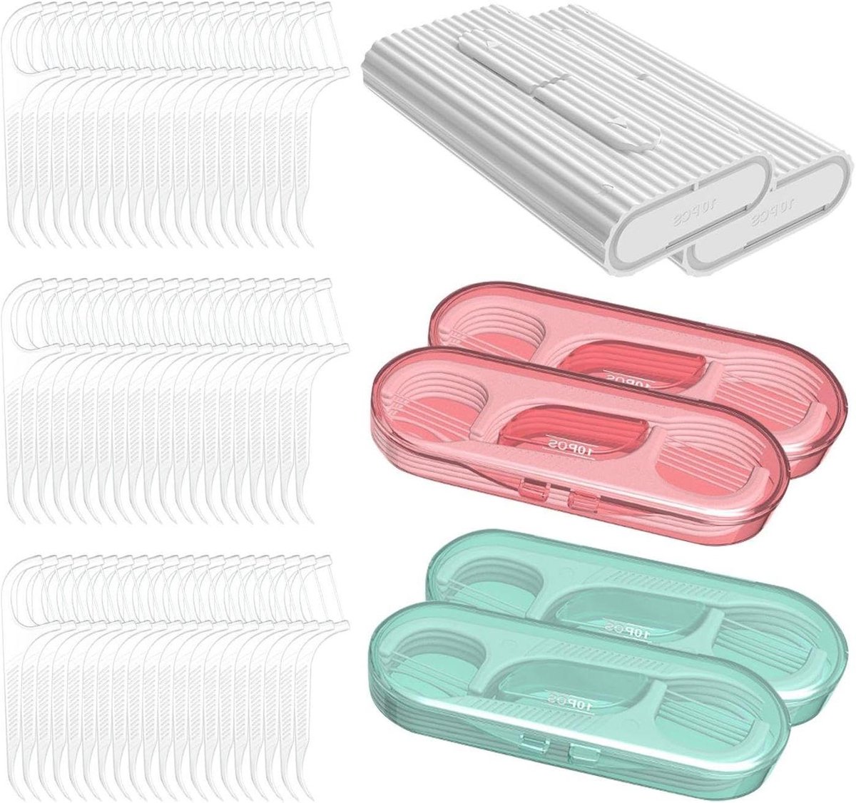 Flosdozen Set - Reis Flosdispensers - Mondhygiëne Onderhoud - Automatische Recycling - 6 Stuks - Roze Groen Wit