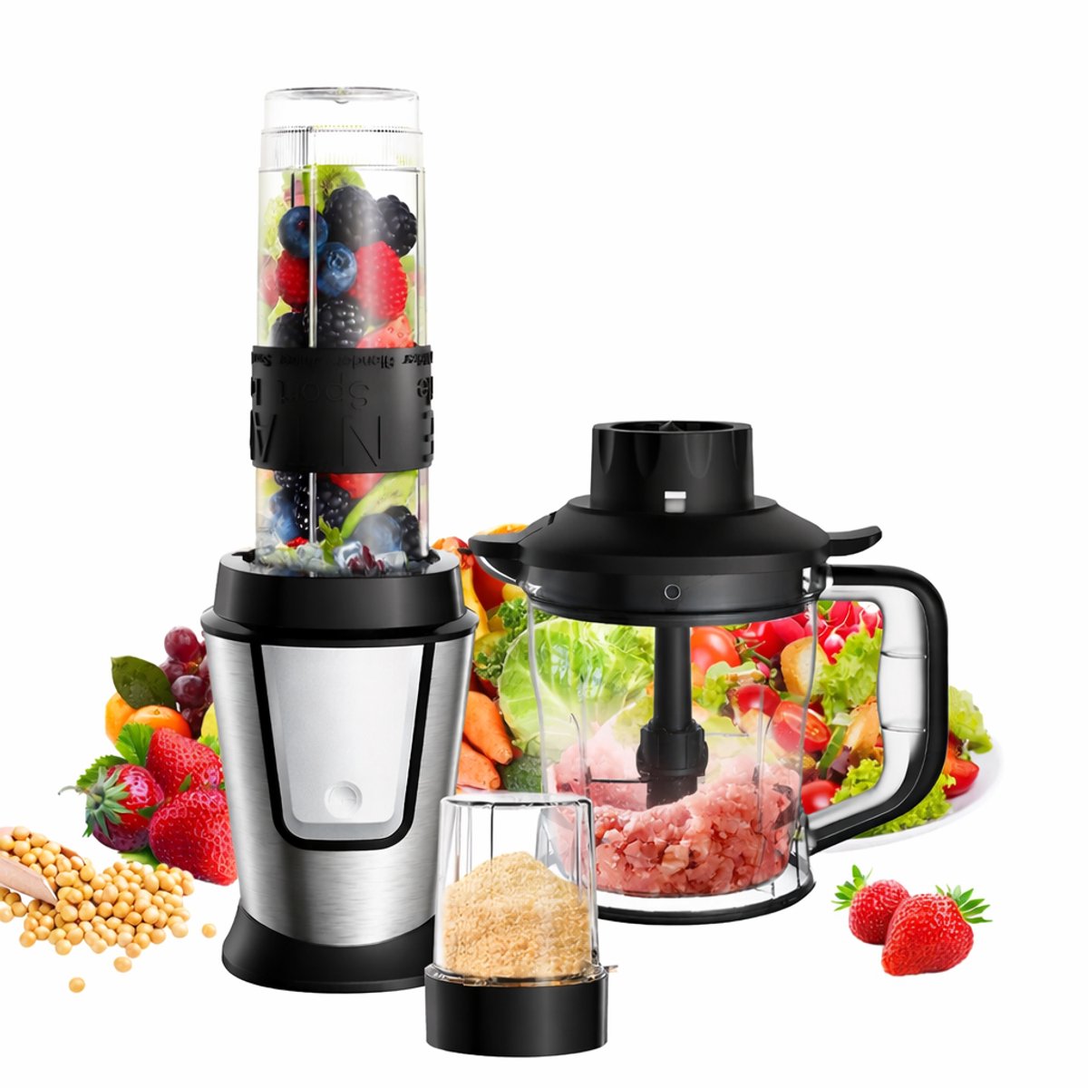 Allero Keukenmachine - Multifunctionele Keukenmachine - Hakmolen - Blender - Juicer - Mixer - 3-in-1 - 700W - 1,2L - Beker