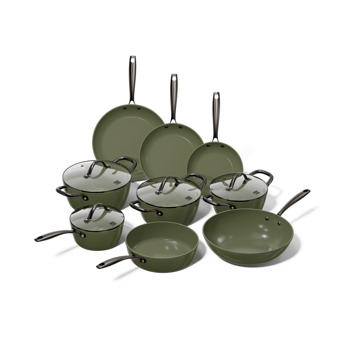 Cook & Pan - Dark Olive Pannenset 9-delig - PFAS vrij - Inductie Keramisch - Non stick - 7 jaar garantie - Dark Olive