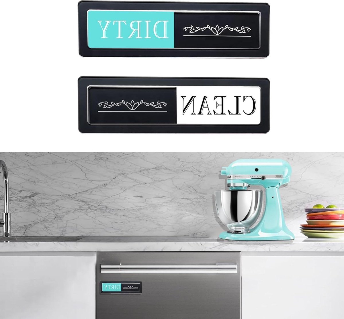 Vaatwasser Indicator - Schoon Vuil Teken - Keuken Organiseren - Dubbelzijdig Leesbaar - 15.5 cm - Blauwgroen