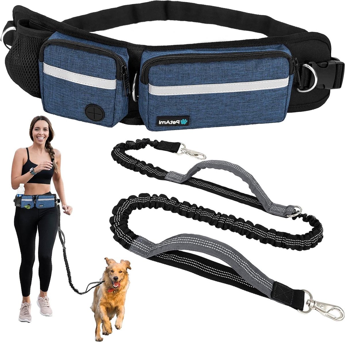 Handsfree Hondenriem - Honden Taille Tas - Wandelen en Joggen - Reflecterend Bungee Koord - Verstelbaar 70-132cm - Marineblauw