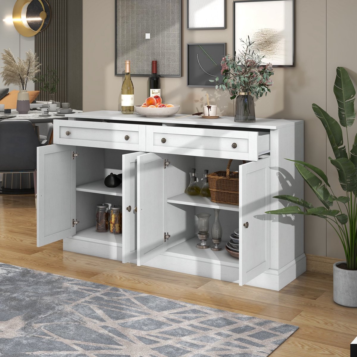 MIVRAY Dressoir - Met 4 Deuren En 2 Lades, Verstelbare Planken - Voor Woonkamer En Eetkamer - Antiekwit - 150x40x86 Cm