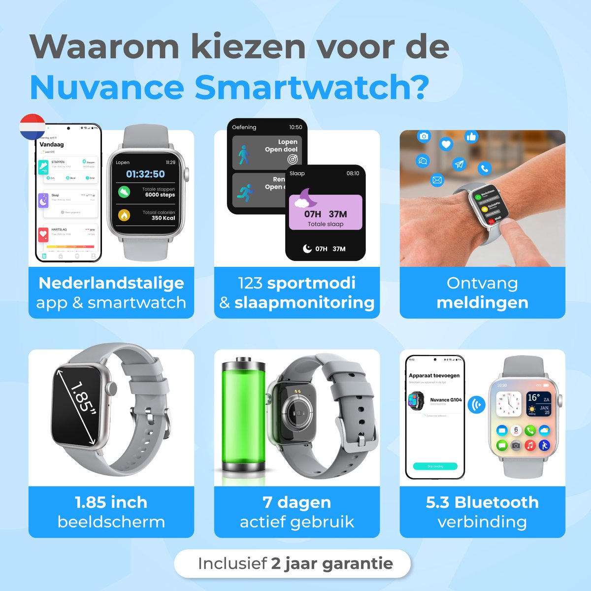 Nuvance - Smartwatch Heren & Dames met Bluetooth - 45mm - Geschikt voor alle Smartphones - Stappenteller & Hartslagmeter - Grijs – foto 2
