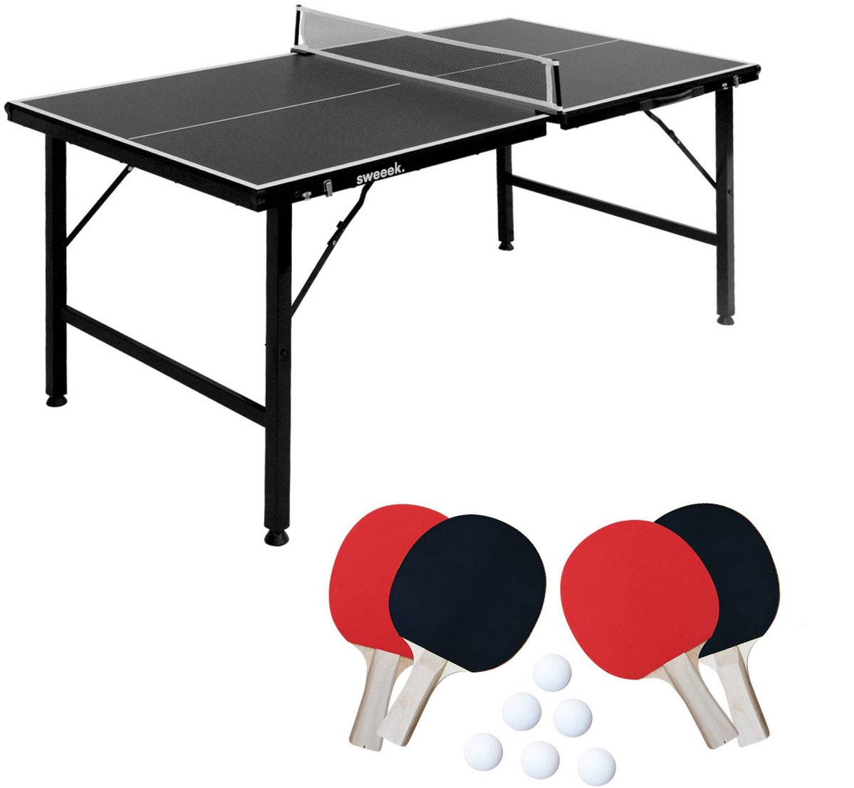 sweeek - Mini opklapbare tafeltennistafel 150x75cm met 4 batjes en 6 ballen, voor binnen gebruik