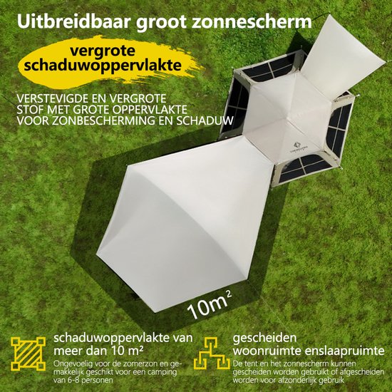 Pop-up Familietent met XXL Zonnescherm - 4-Persoons Koepeltent - Opzetten in 3 Seconden - Inclusief Voorluifel voor Extra Leefruimte - Waterdichte kampeertent - pop up tent voor Kamperen - festival tent + Draagtas - Wit van Merkloos — afbeelding 3