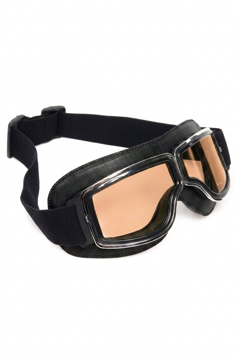 KIMU® Goggles Motorbril Skibril - Bril Zwart Montuur - Bruine Glazen - Pilotenbril Piloot Retro Motor Steampunk Leatherlook PU Leer Geel Solex Heren Festival
