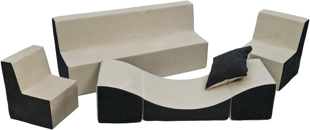 Kinderkamer Meubelset - Fauteuil en bank - Spelen en ontspannen - Inclusief opbergpoef - 3 delig - Beige-Grijs