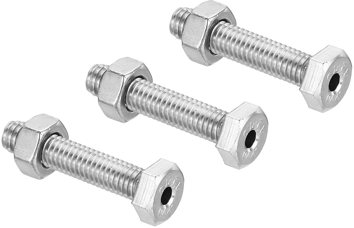 3 Set M6 x 30mm Hollow Exterior Hexagon Schroeven - Cilindrische Lamp - Draadschroeven met Moer - 304 RVS