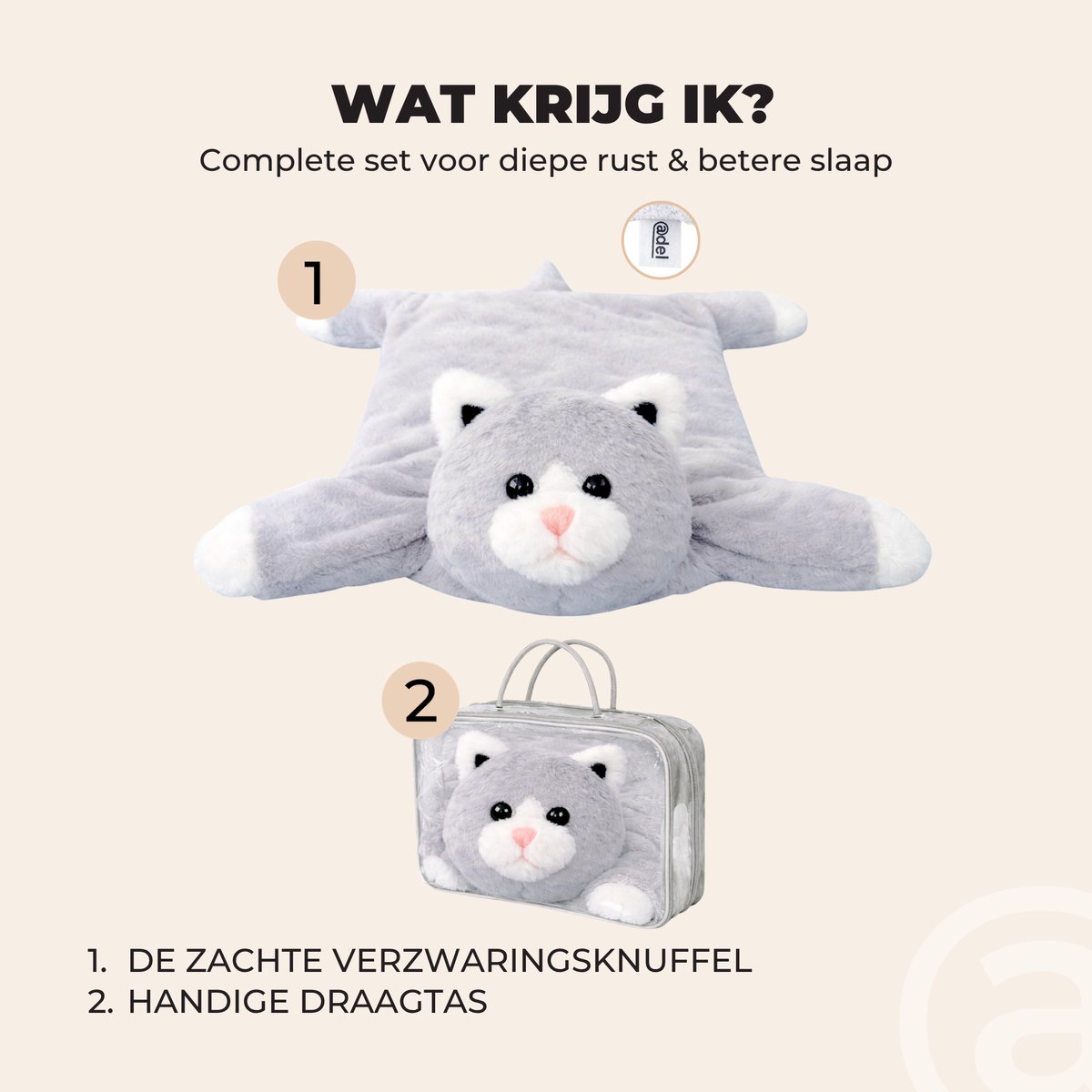 ADEL Verzwaringsknuffel Kat 2 kg – Zachte Verzwaarde Knuffel / Weighted Stuffed Animal – Verzwaringskussen Kind & Volwassenen – Rustgevend Knuffeldier — afbeelding 8