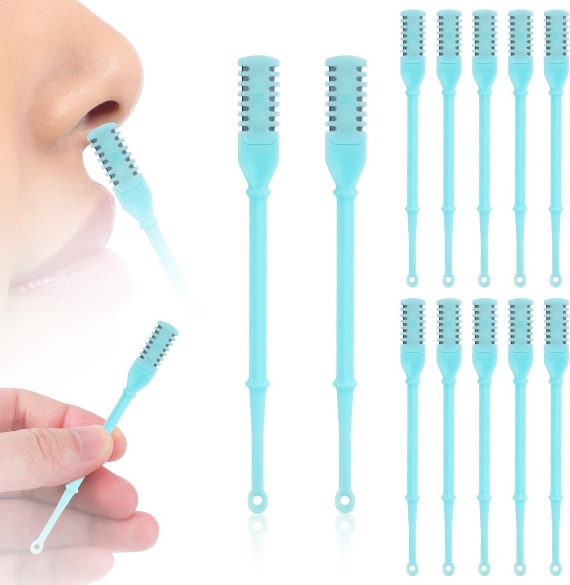 Set van 12 stuks 2-in-1 neushaartrimmer, 360 graden draaibare neushaartrimmer voor mannen en vrouwen, dubbelzijdige neushaarreiniger met oorlepel, draagbaar handmatig hulpmiddel voor het verwijderen van neushaar (blauw)