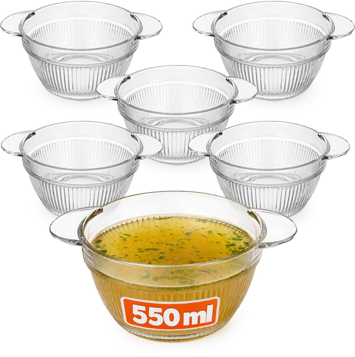 KADAX soepkom 550ml, 6 stuks, transparante kom voor soepen, soepkom van glas, soepkom, glazen kom met handgrepen, soepbord, vaatwasmachinebestendig