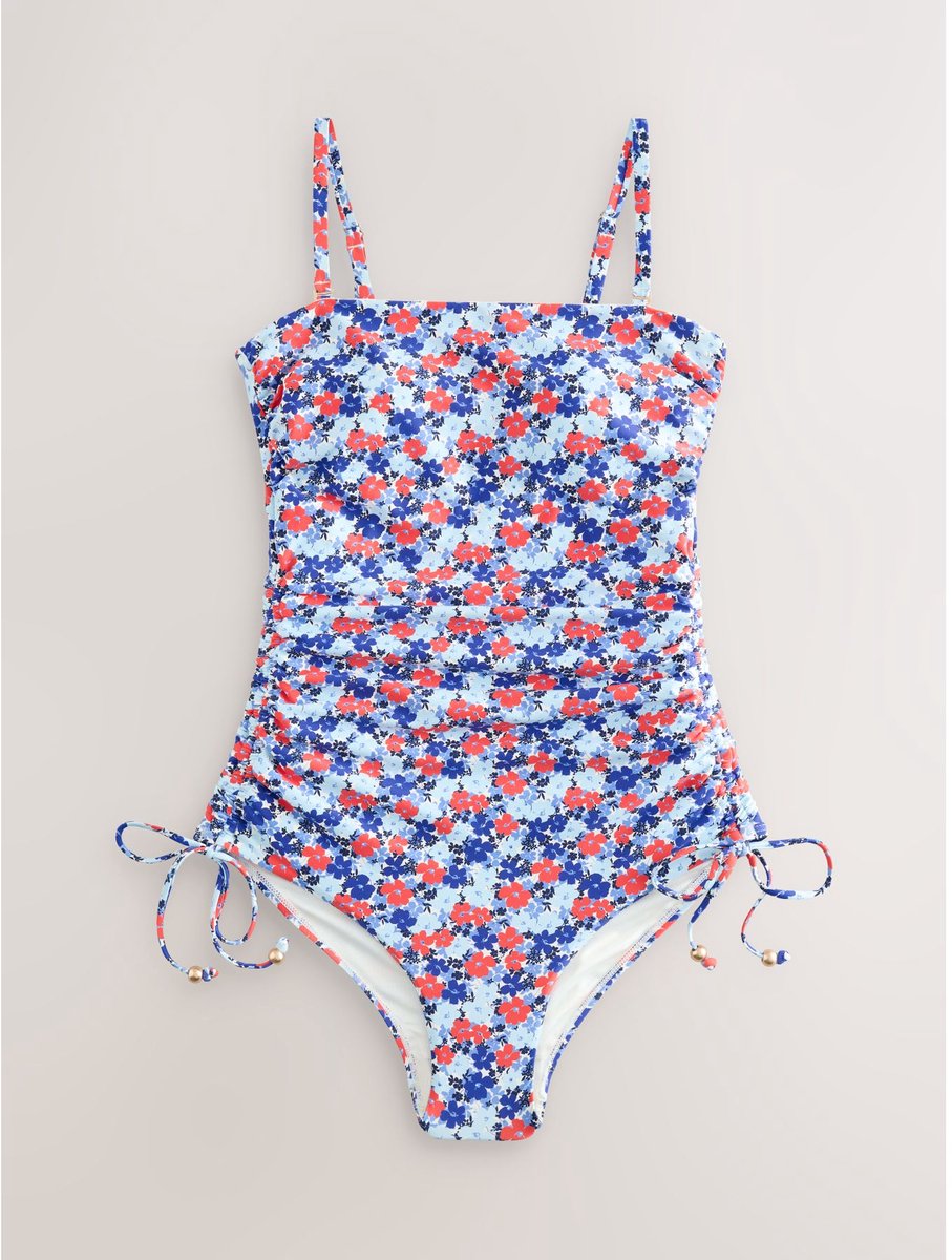Next Dames - Vormgevend, buikcorrigerend bandeaubadpak met ruches op de pijpen - Blauw Navy Blue/Red Disty Floral