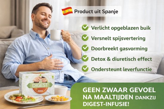Man met kopje thee, lacht en houdt hand op buik. Naast een doosje 'DIGEST' thee en borden eten. 'Product uit Spanje'.