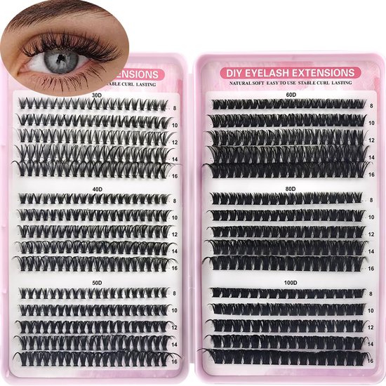 Dozen met individuele zwarte wimperextensions: 30D, 40D, 50D, 60D, 80D, 100D, met maten van 8-16 mm. Close-up van een oog met wimperextensions.