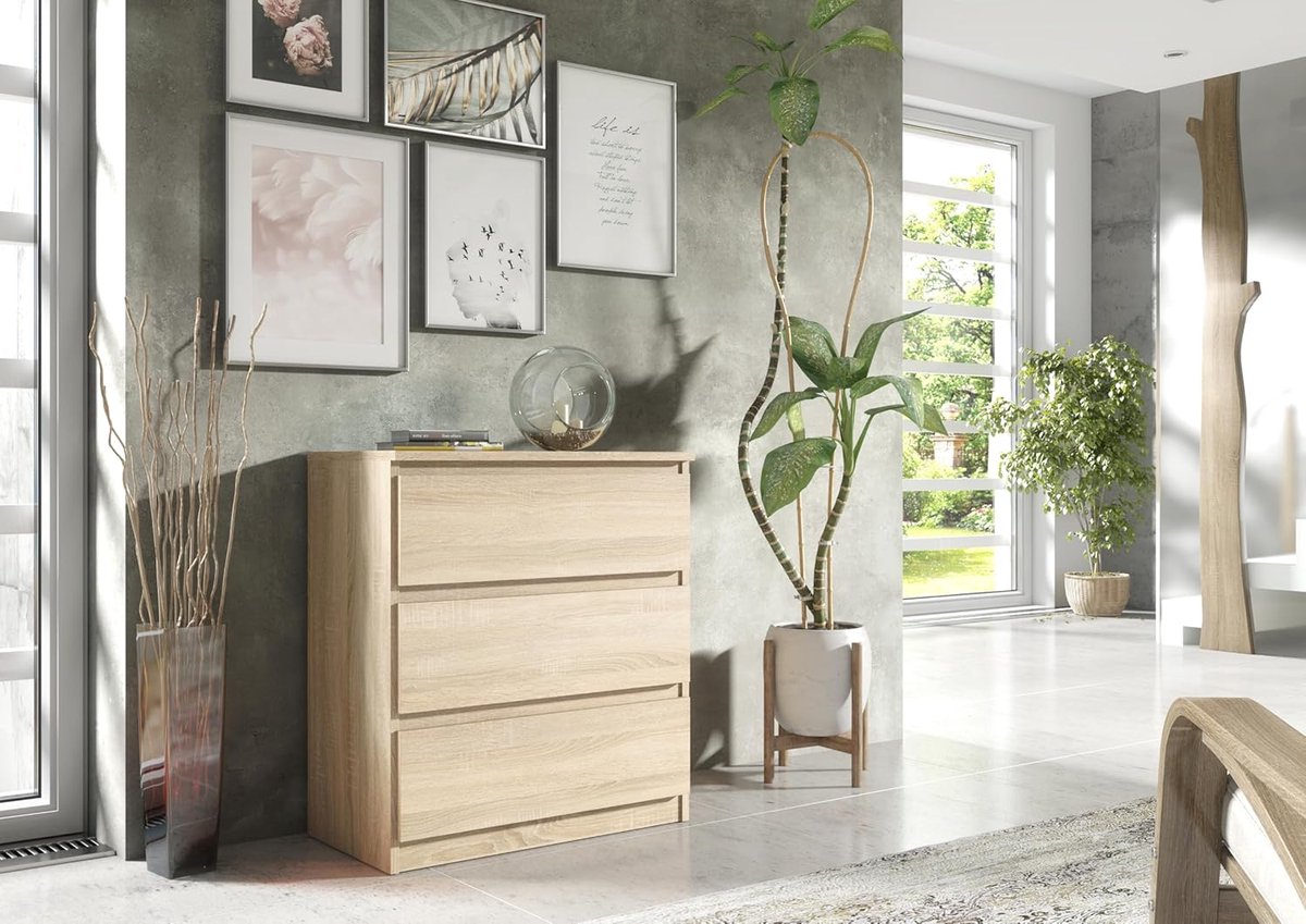 Commode met 3 Laden 70x39x78,5 cm – Zwart Mat Ladekast Dressoir Greeploos Modern – Opbergkast voor Slaapkamer, Woonkamer en Hal – Urbanhome