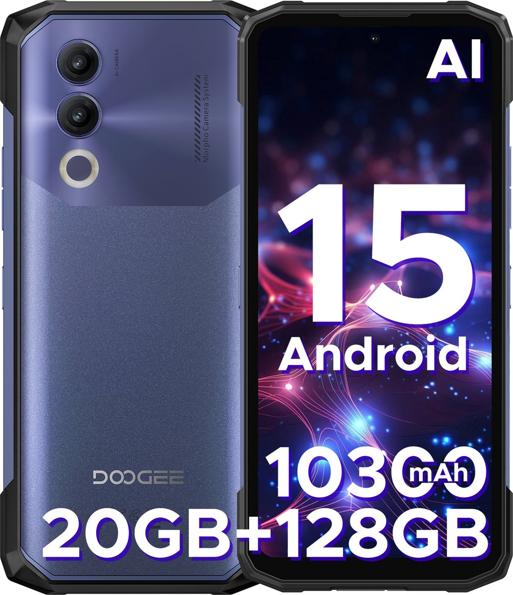 DOOGEE Blade 20 - Robuuste Smartphone - Outdoor Smartphone - 20GB RAM + 128GB - 10300mAh/18W - 6,56 inch 90Hz - 4G Dual SIM- Android 15 - IP68 - NFC- GPS - Face ID - Paars