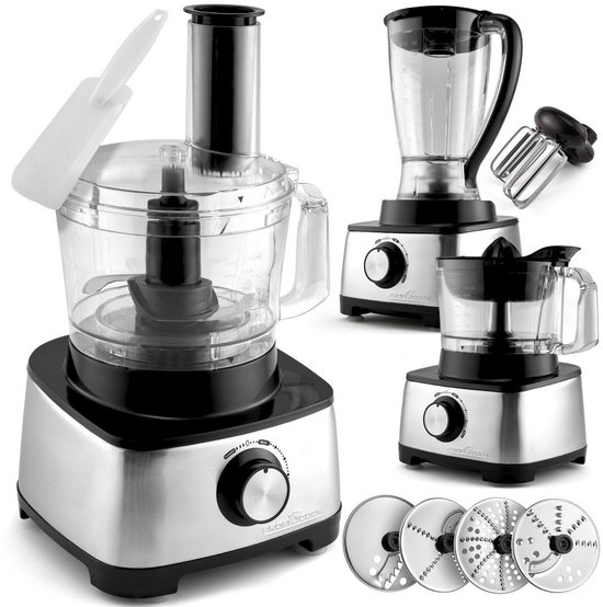 Montage van een keukenmachine, blender en citruspers, met extra snijschijven en accessoires.