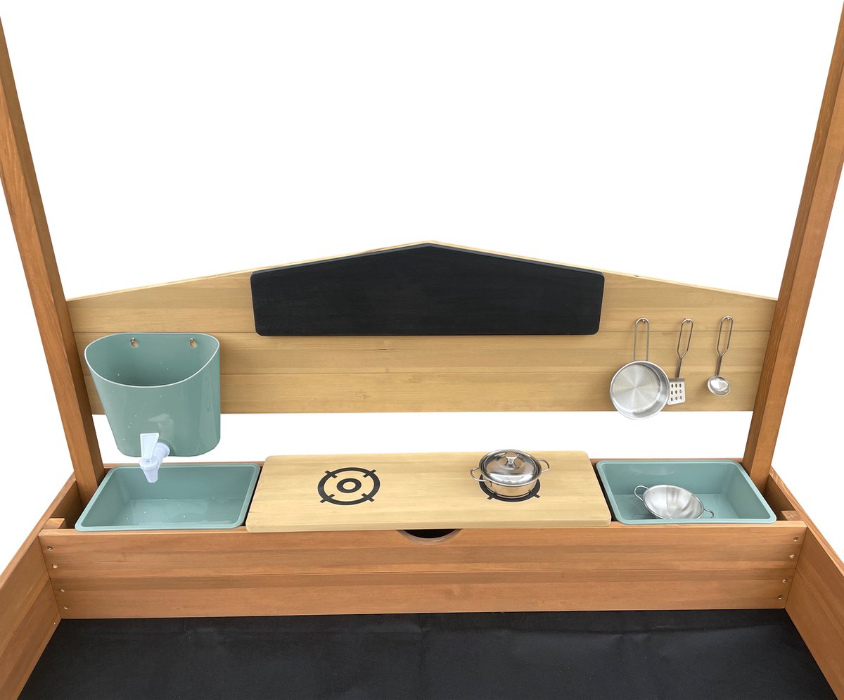 AXI Meli Zandbak & Speelhuisje 120 x 120 cm met Speelkeuken – Bruin - Met Dak – FSC hout – Met Krijtbord, Watertank en 6-delig Speelgoed Kookset – Met 2 Bankjes - Inclusief gronddoek – 10 jaar garantie — afbeelding 7