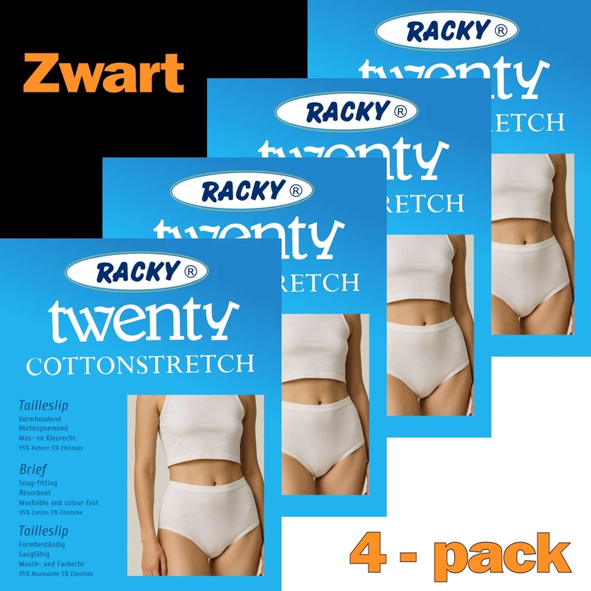 Racky Twenty dames taille slips - Elastisch katoen - 4-pack - Maat L - Zwart
