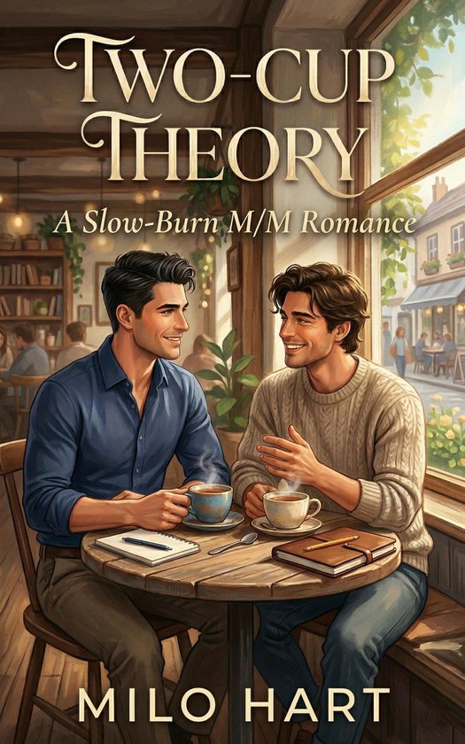Cover van 'Two-Cup Theory', een M/M romance. Twee mannen zitten aan een tafel met koffie.