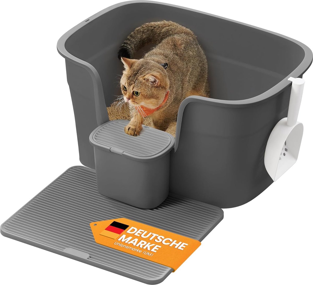Feandrea kattenbak, extra grote kattenbak, multi-kattenhuishoudens, met hoge zijwanden, kattenbakmat, opbergdoos, schep, voor grote katten, leigrijs PPT003G02
