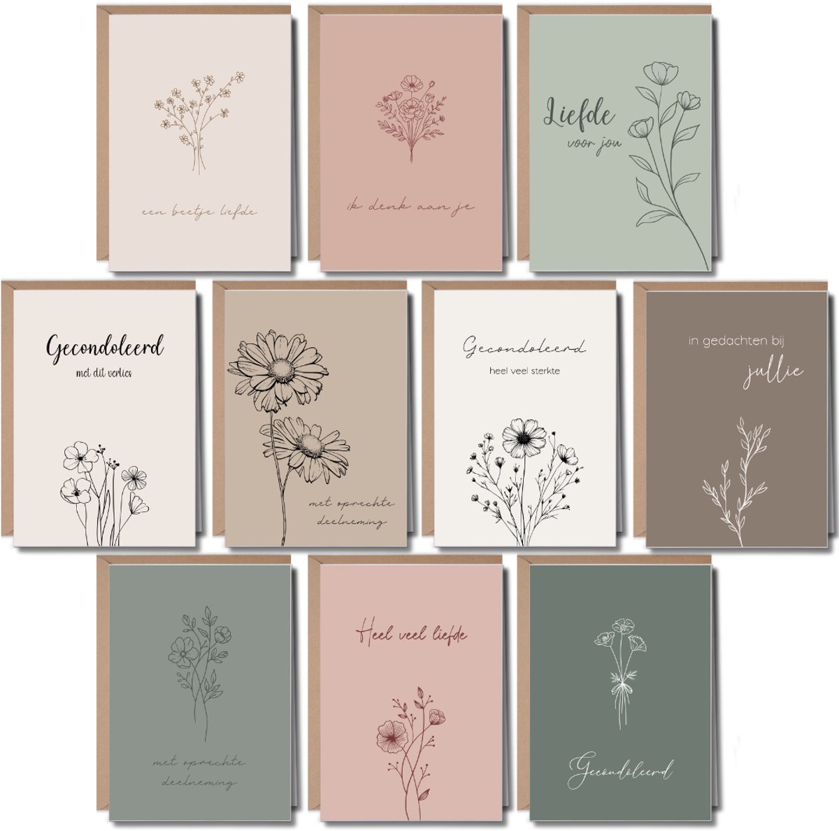 10 Luxe Condoleancekaarten met Enveloppen - Rouwkaarten - Sterkte & Troost - A6 - Blanco - Aardse Kleuren