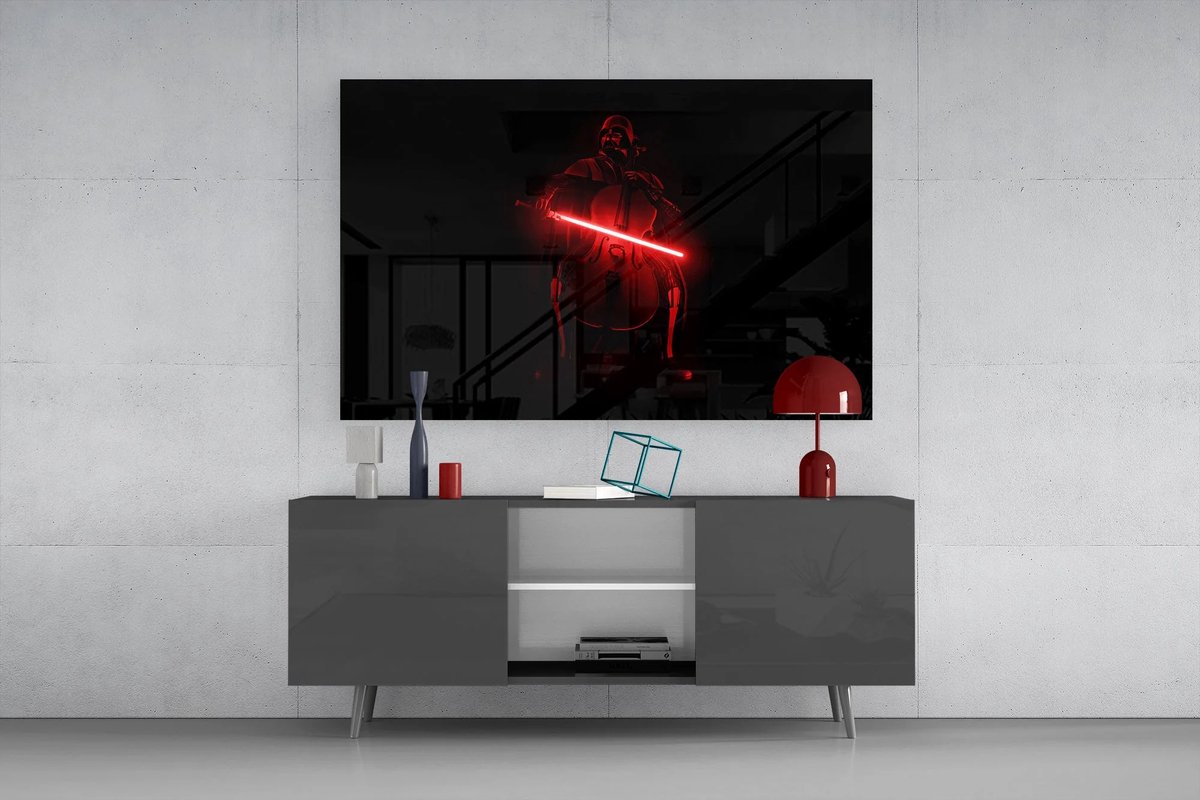 Insigne Art Glasschilderij Sci-Fi Muzikant – Moderne Wanddecoratie – Donker Design – Premium Kwaliteit - 72 x 46 cm Zwart