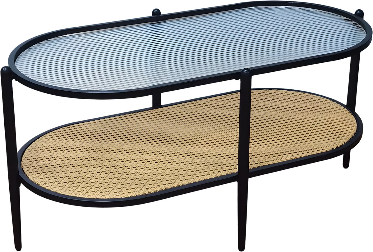 Happiq Ovale Salontafel - Voor Woonkamer & Slaapkamer - 2-Laags Opbergplank met Metalen Frame - Watergolf Glazen Tafelblad, Boerderijstijl - Zwart Black