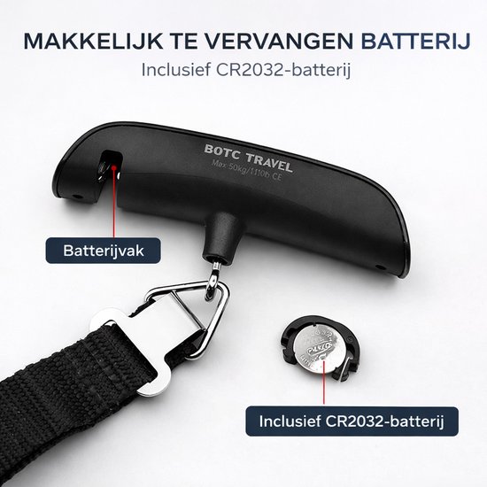 Zwarte bagageweegschaal met open batterijvak en een CR2032 batterij ernaast.