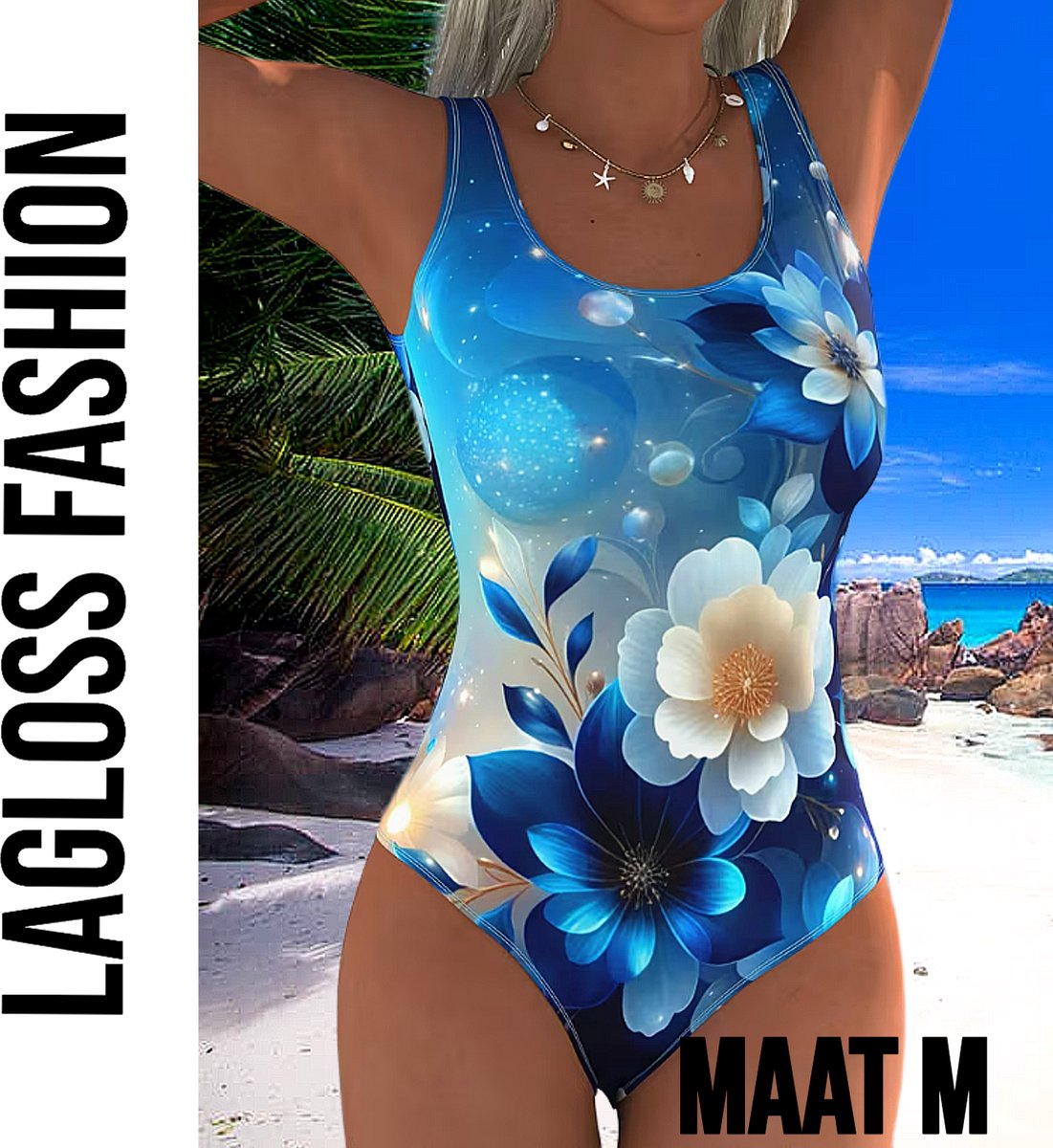 LaGloss® Eendelig Blauw-Witte Bloemen Dames Badpak met Open Rug - Sexy Zwempak – Badkleding – Strandmode – Beach Fashion – Maat M