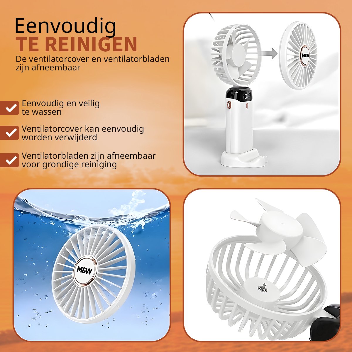 M&W Draagbare Hand Ventilator Hand Fan - Airco Verkoeling USB Ventilatoren - Handventilator Wit — afbeelding 5