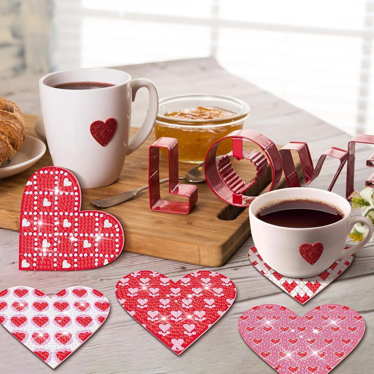 Diamond Art Onderzetters - DIY Set - Tafel Beschermen - Met Houder - 8 Stuks - Hartjes