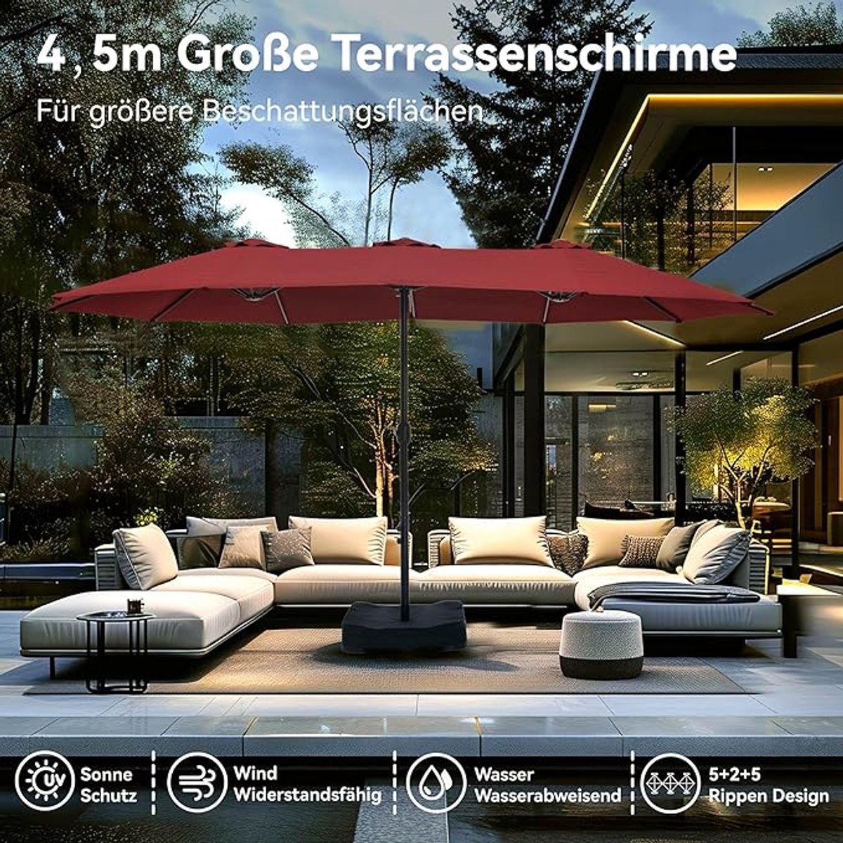 Rechthoekige Tuinparasol 270x450 cm XXL met Standaard, Zandzakken & Hoes – UV50+ Waterafstotend, Windbestendig, Crank Systeem – Grote Terrasparasol voor Tuin, Balkon & Horeca – Antraciet – Nicolehome