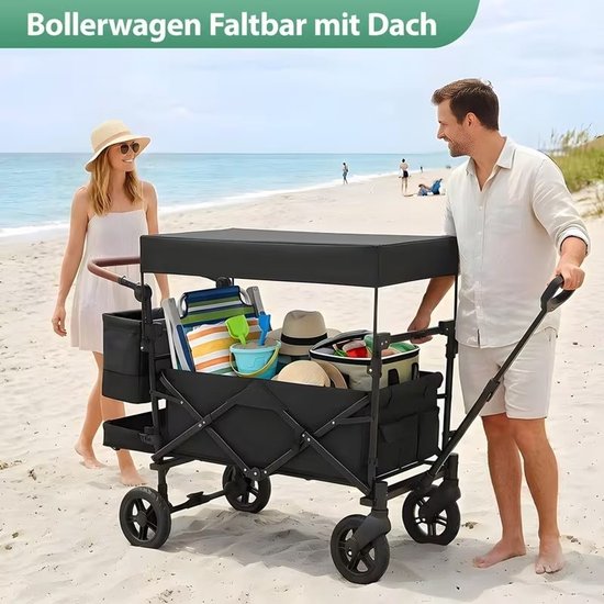 Opvouwbare Handkar met Dak 100kg 150L - Wielen met Rem, Verstelbaar Handvat - Voor Familiecamping, Winkelen en Tuinieren-zwart en grijs. — afbeelding 4