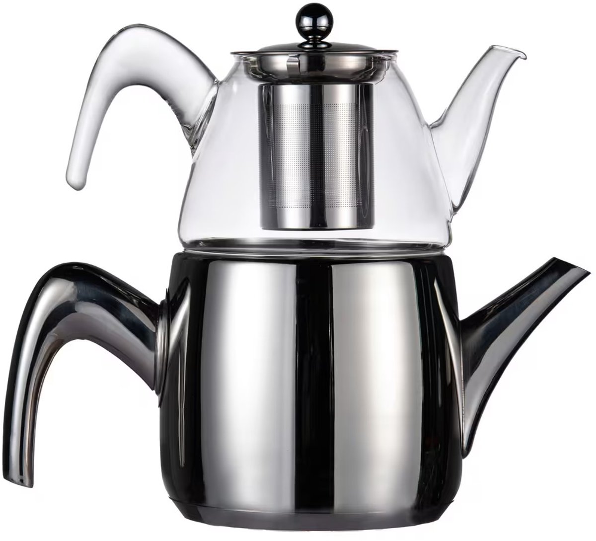 SCHÄFER Nisa Theepotset – RVS & Glazen Theepot – 1,5L + 0,9L – Inductie Geschikt – Met Stalen Filter – Vaatwasserbestendig – Zilverkleurig