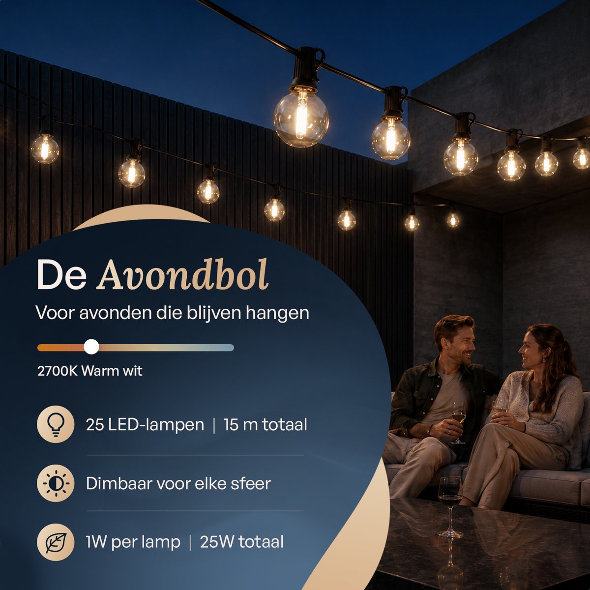 Decens 15m Dimbaar Lichtsnoer Rond - Waterdicht / 25 LED Lampjes Slinger - Kerst Lichtslinger voor Buiten Terras en Camping - Tuinverlichting - 2700k / Warm Wit – foto 8