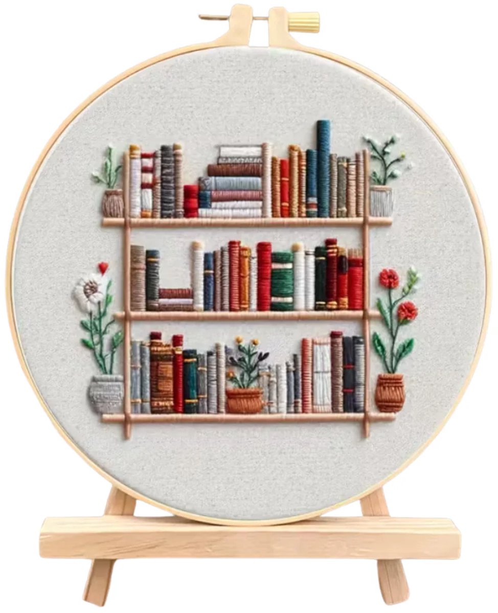 PREMIUM Borduurpakket Volwassenen – Borduren – Creatieve hobby – Ontspanning Thuis – Cadeau idee – Compleet pakket met extra’s – Echte HOUTEN borduurring (geen plastic) – DIY decoratie - Beginner – Makkelijk - Boeken - Planten - The Cosy Bookshelf