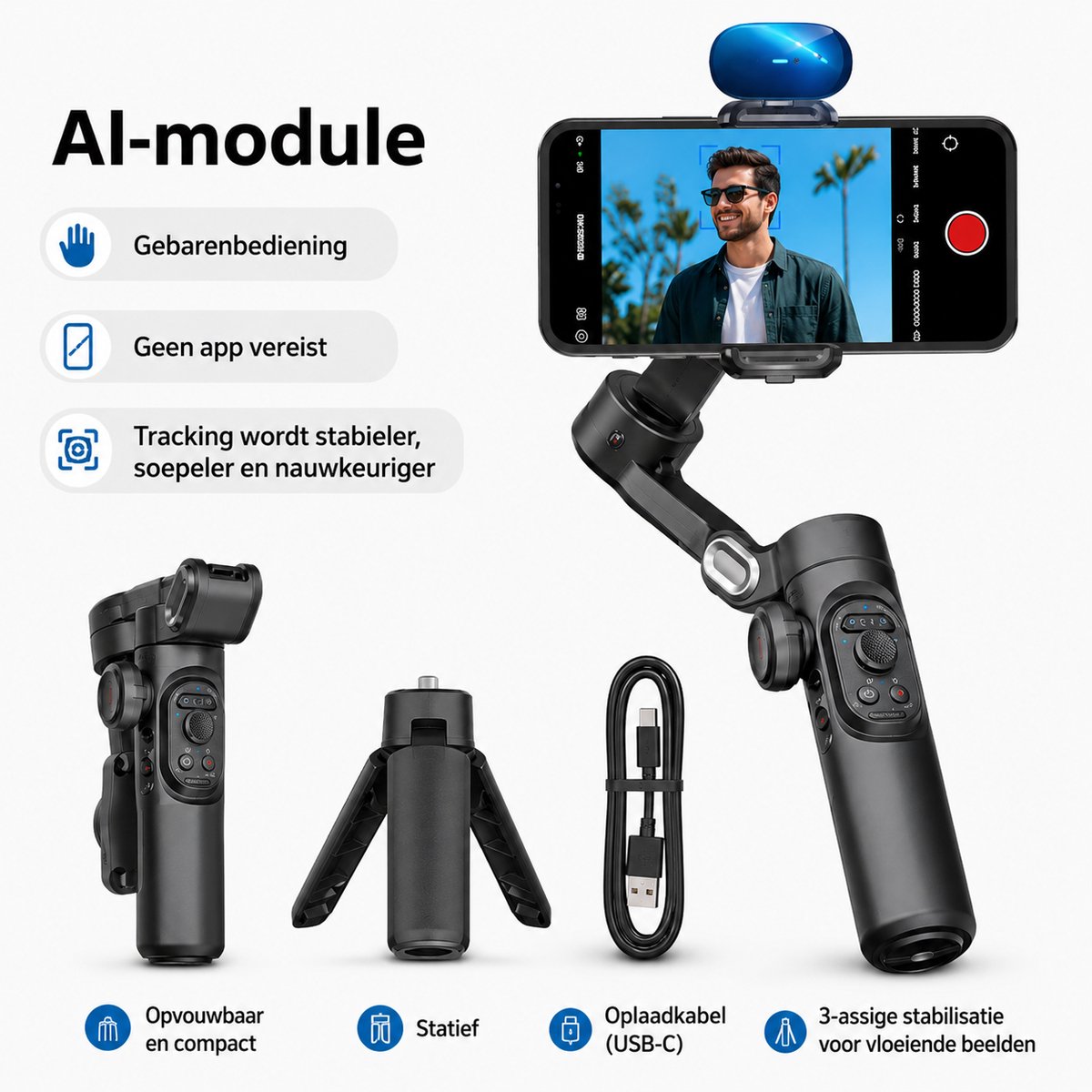 AOCHUAN Smart XE Smartphone Gimbal – 3-Assige Stabilizer met Face Tracking & LED Invullicht – Voor iPhone & Android – Vlog Camera Stabilisatie