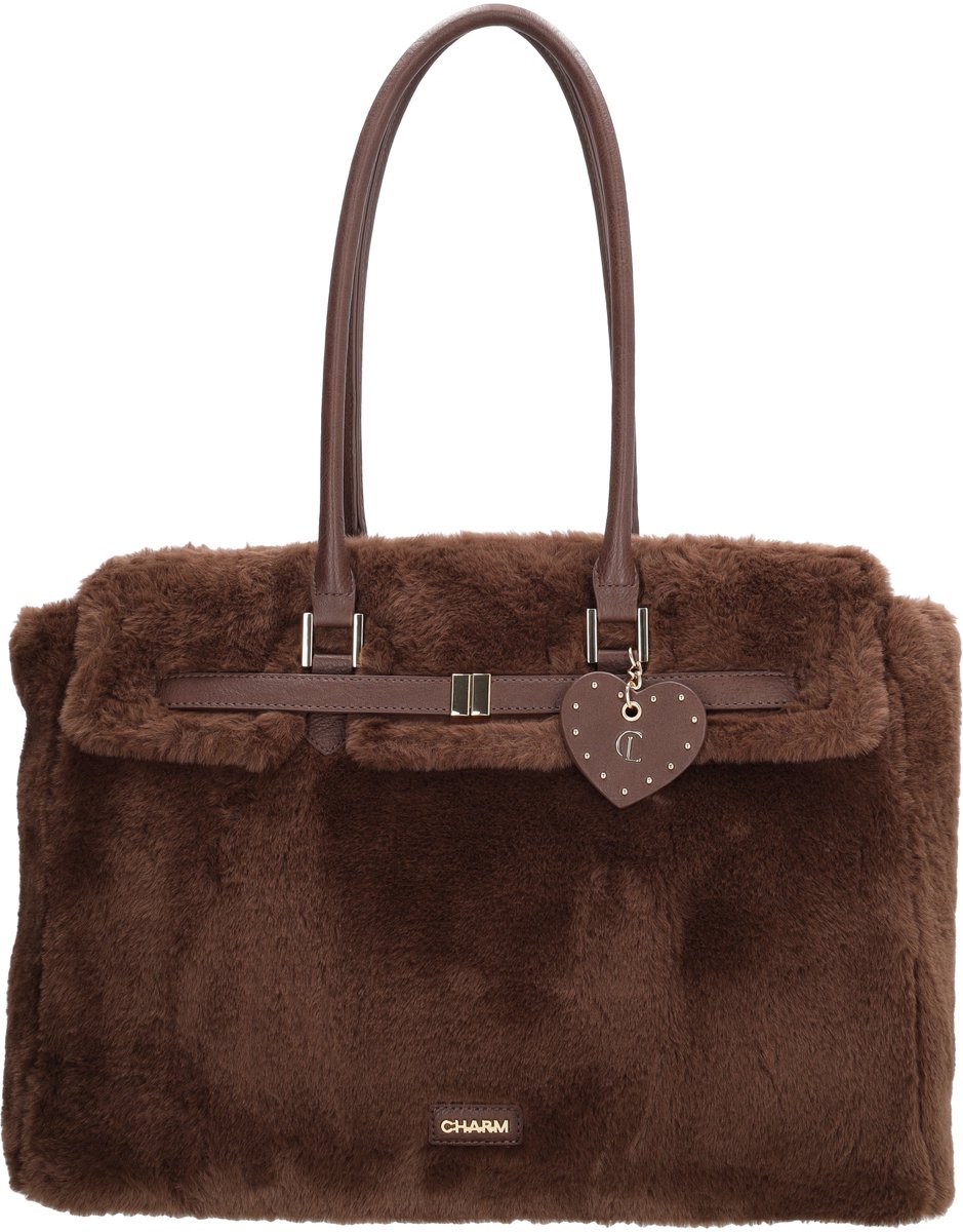 Charm London Stockholm Laptoptas - Faux Bont - 15.6 Inch Laptopvak - Werktas - Schoudertas - Bag Charm - Dames - Schooltas - A4 - Donkerbruin