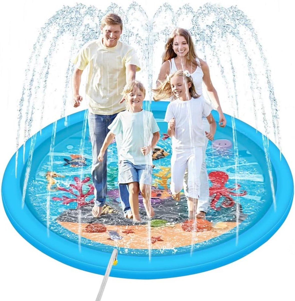 Grote waterspuitmat van 170 cm voor kinderen en honden, ideale spuitmat voor plezier in de zomer, met dolfijnen en zeesterren design