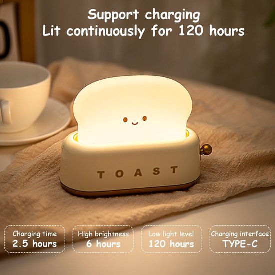 Nachtlampje - Broodbakmachine met nachtlampje - Compacte bureaulamp - Ingebouwd LED-nachtlampje - Perfect voor op het nachtkastje - Met timer en oplaadbaar - Een leuk verjaardagscadeau voor baby's, kinderen, meisjes en jongens — afbeelding 4