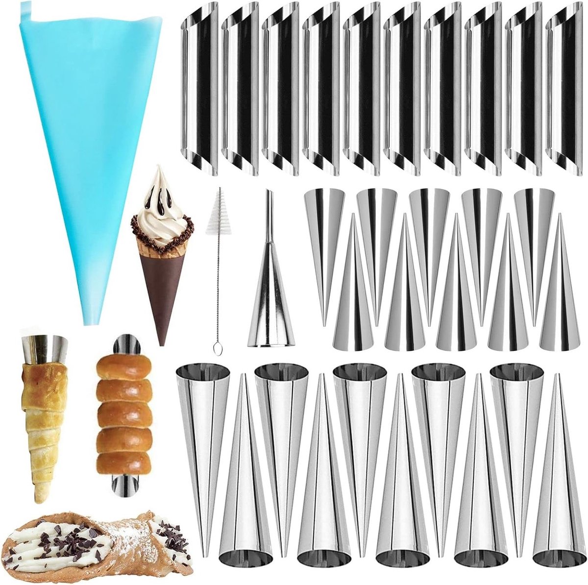 30 Stuks RVS Cakevormen voor Cornets, Brood en Croissants met Schoonmaakborstel - Perfect voor Bakken, Taarten en Gebak