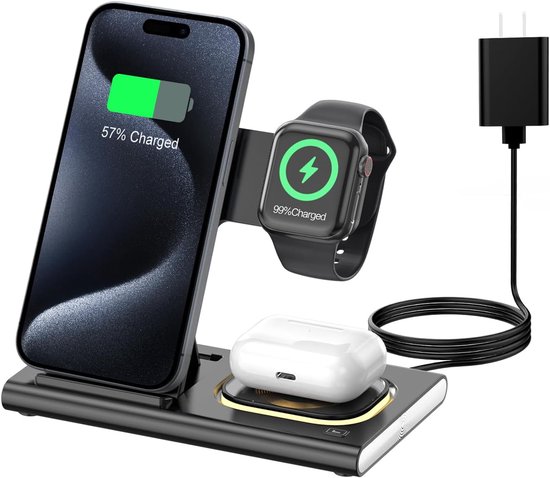 Draadloze oplader voor iPhone, Apple Watch en oordopjes, aangesloten op een adapter.